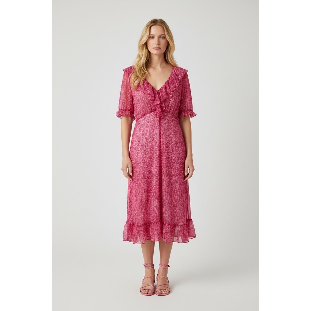 Per Una Pink Floral Ruffle Size 16 Midi Dress Regular Short Sleeve V-Neck Boho